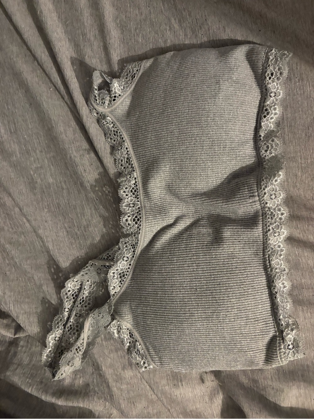 Charisma Gray Ribbed Lace-Trim Bandeau Bralette